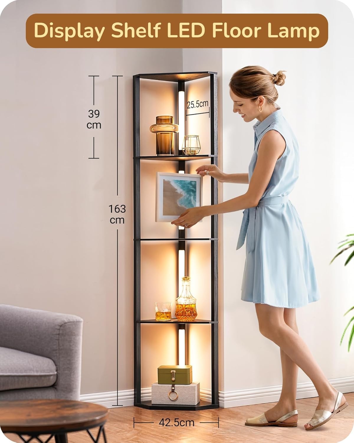 LED Floor Lamp with Shelves Black Wood 4-Tier Corner Light for Living Room