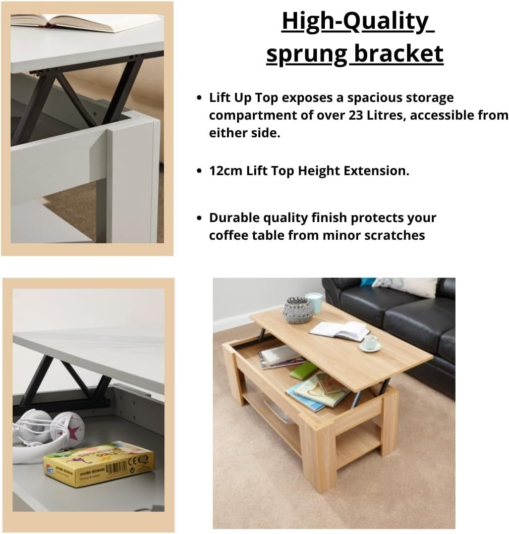 Lift Top Coffee Table with Hidden Storage & Shelf | Oak Wood Effect Modern