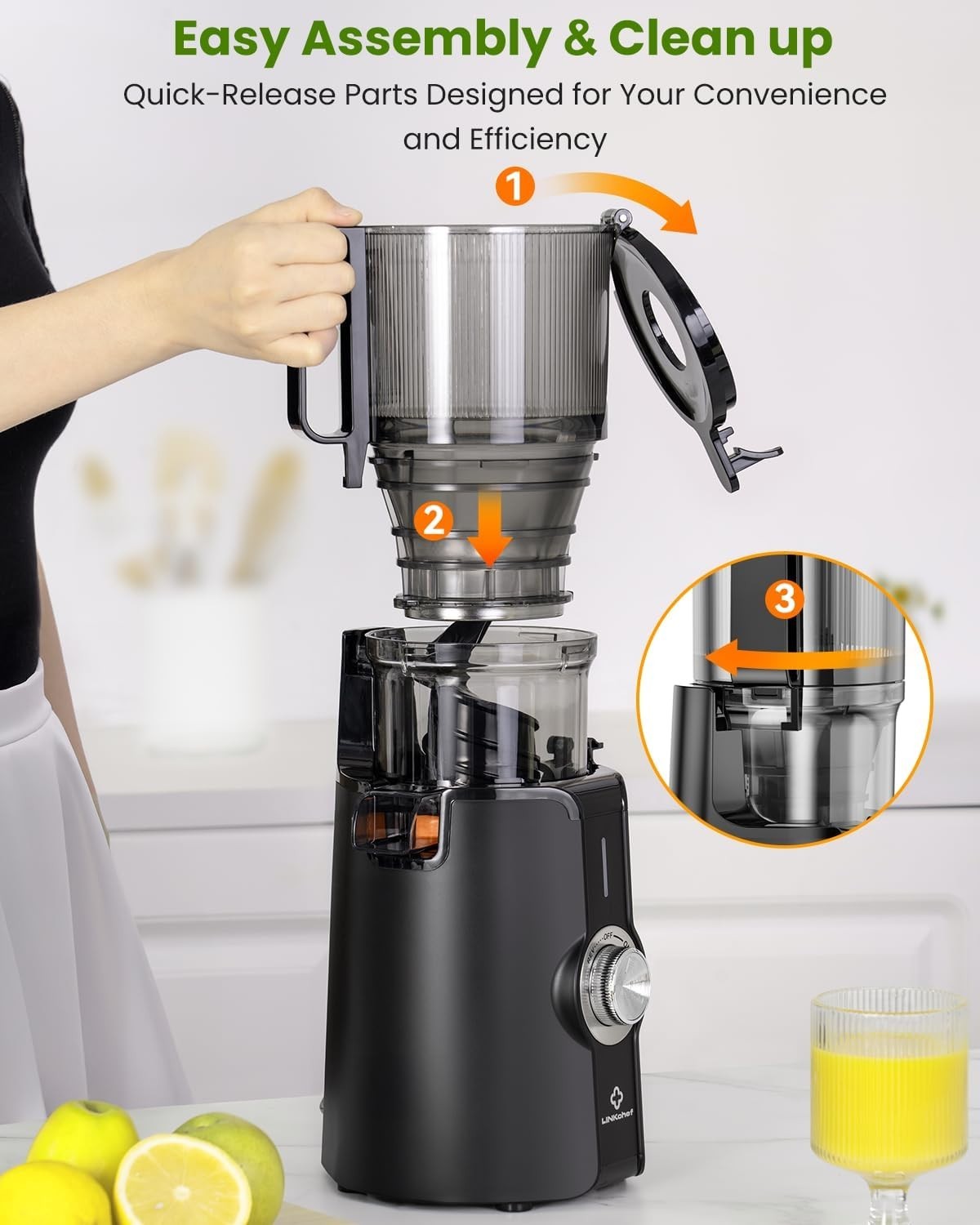Cold Press Juicer 4.35in Wide Chute Whole Fruit Slow 200W High Yield