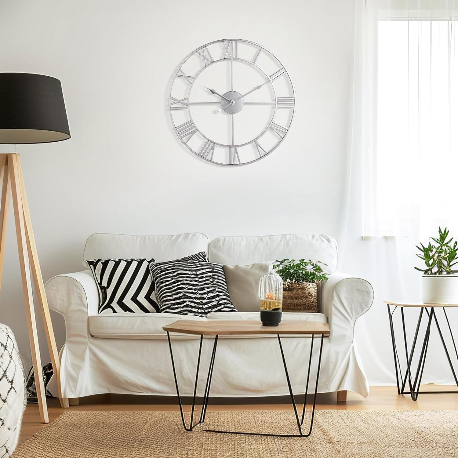 80CM Silent Wall Clock Roman Numerals Large Modern Silver Home Decor