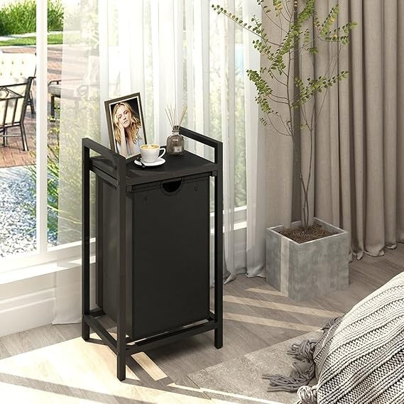 Black Walnut Laundry Hamper with Removable Bag & Wood Top Shelf for Small Spaces