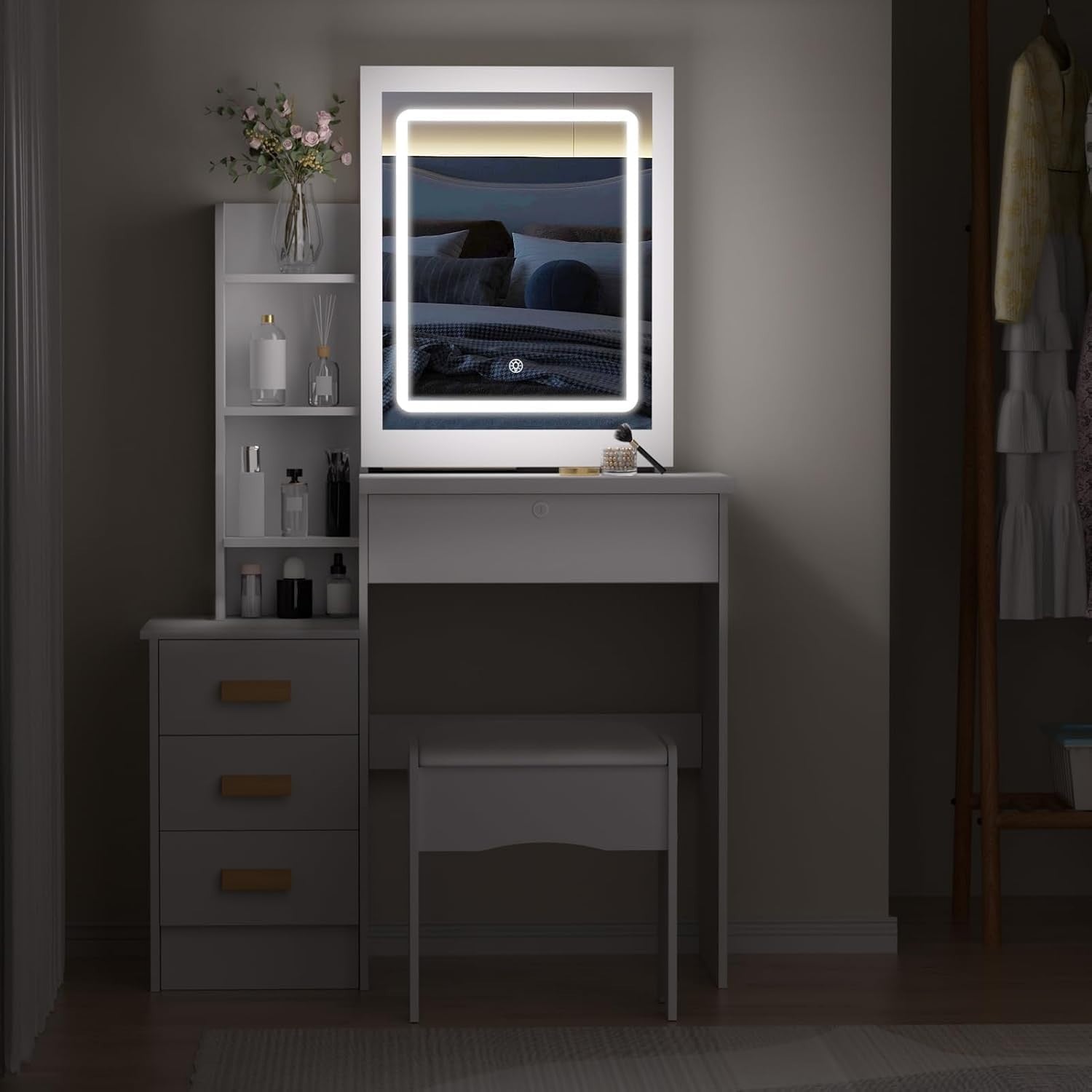 White Vanity Desk w/Sliding Lighted Mirror 4 Drawers Study Table & Stool