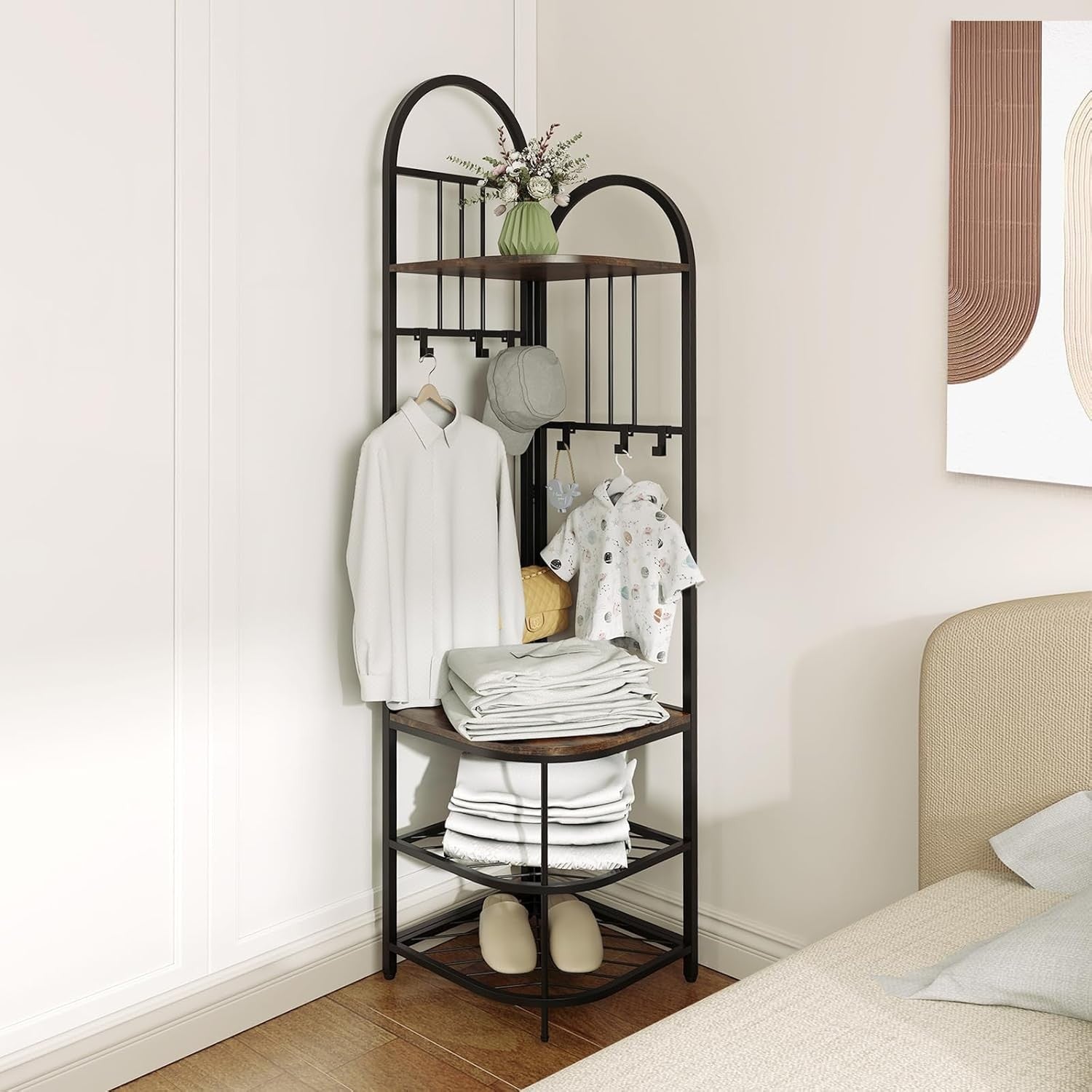 Rustic Brown Black Corner Coat Rack 4-Tier Hall Tree with Shoe Bench & Hooks