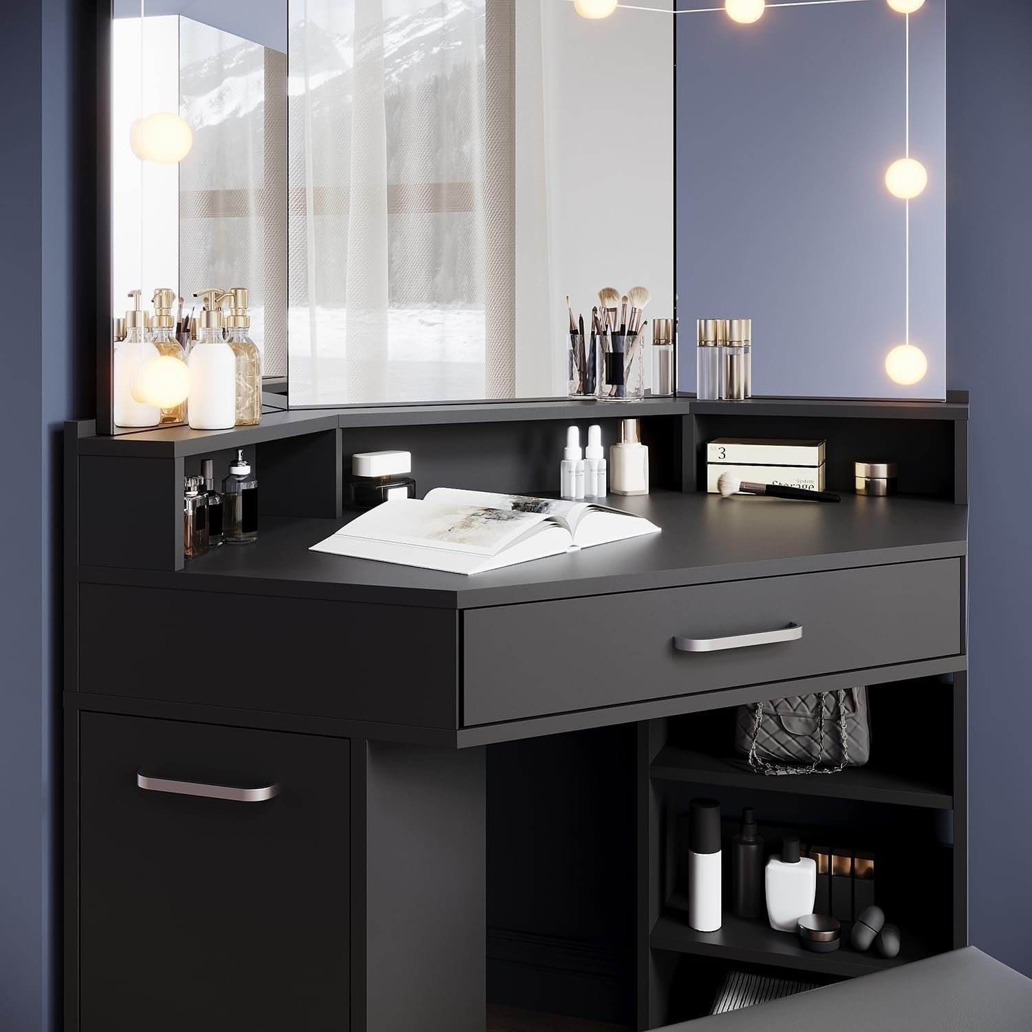 Corner Vanity Makeup Dressing Table with LED Lights Mirror Drawer Stool Black
