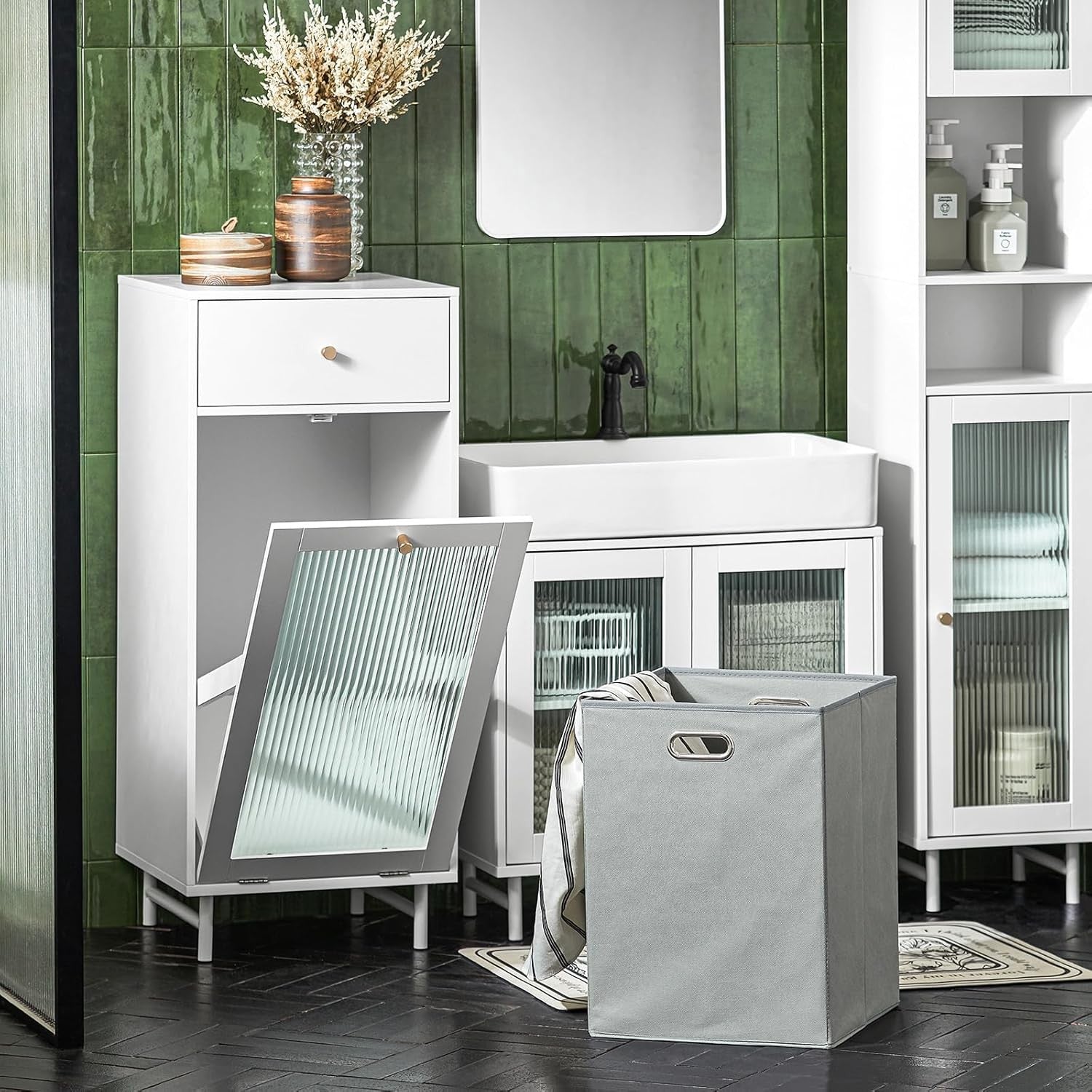 White Laundry Cabinet with Glass Door Drawer Tilt-Out Basket Slim Bathroom Unit