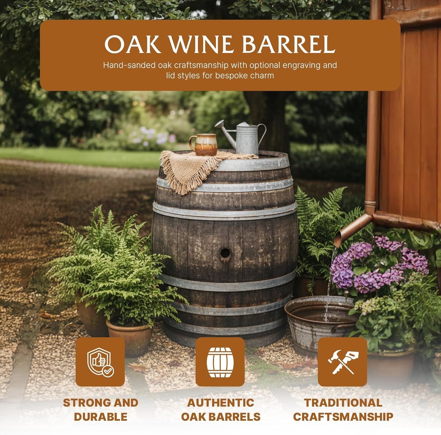 Oak Wine Barrel Rainwater Collector, Rustic Garden Feature, Round, 55 Gal