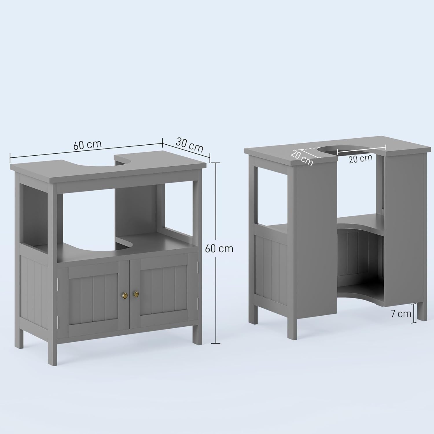 Grey Under Sink Bathroom Cabinet Vanity Storage Unit with Doors & Shelf 60x60cm