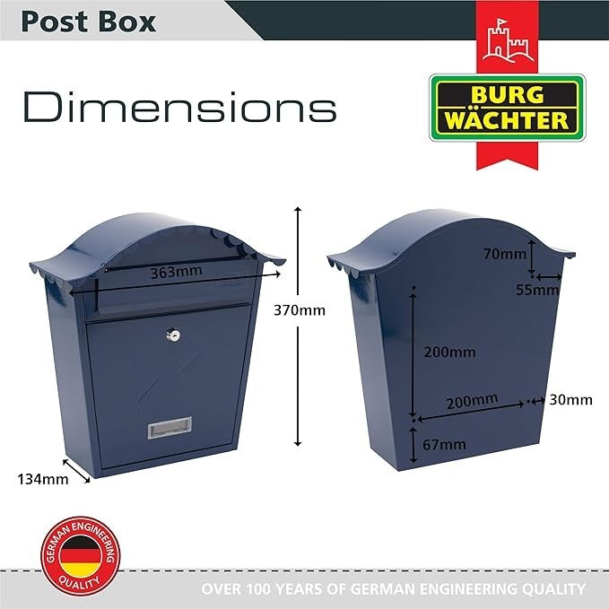 Wall Mounted Lockable Steel Post Box Midnight Blue Weatherproof 36x37x13cm