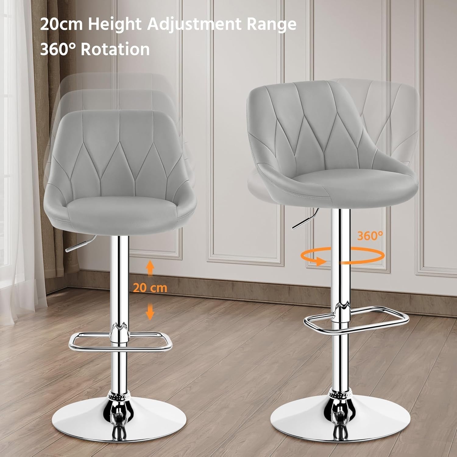 Adjustable Swivel Bar Stools with Backrest & Footrest – Light Grey