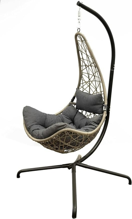Hanging Swing Chair with Stand & Cushions | Grey Rattan | Heavy Duty Frame