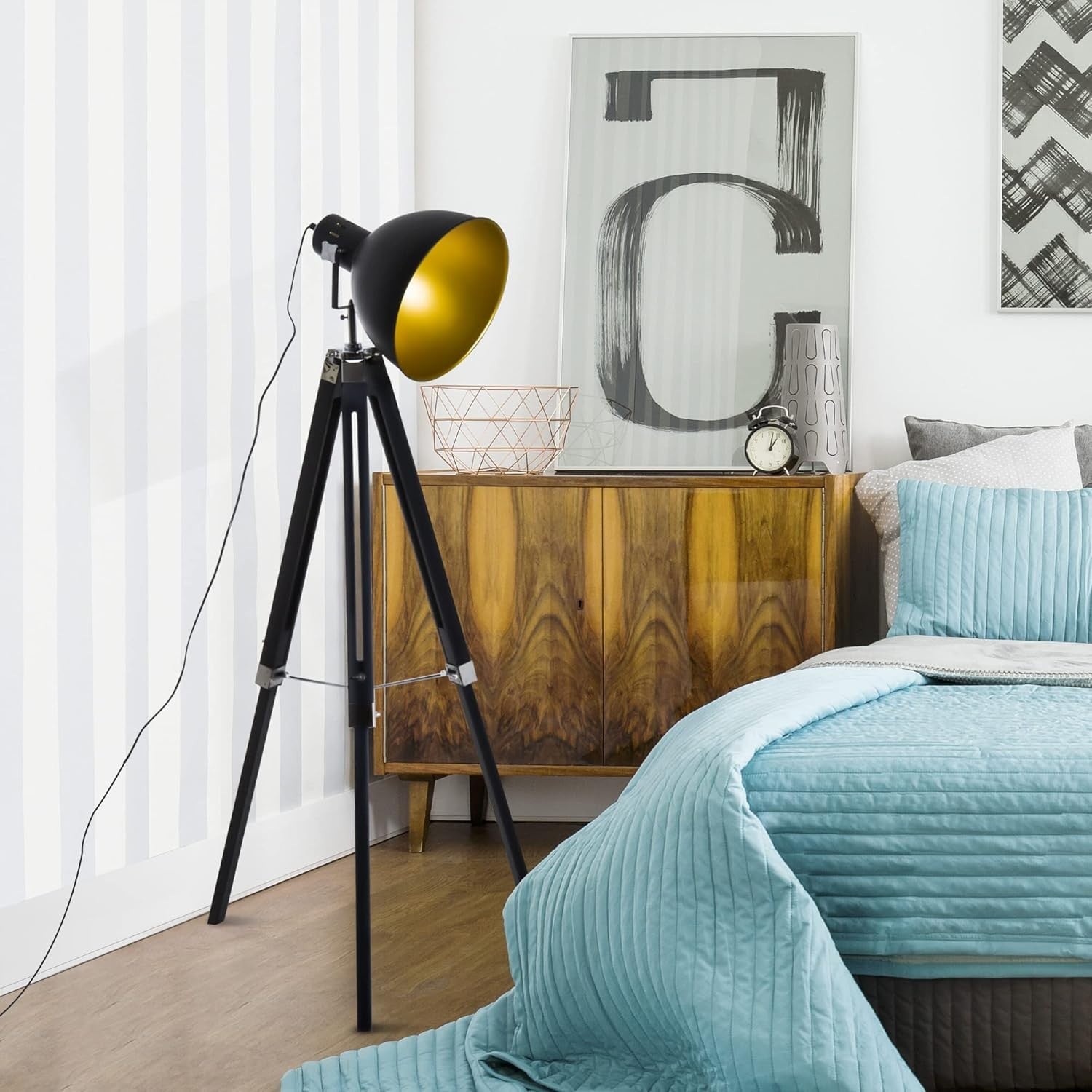Industrial Tripod Floor Lamp Adjustable Height Spotlight Wood Legs Black Gold