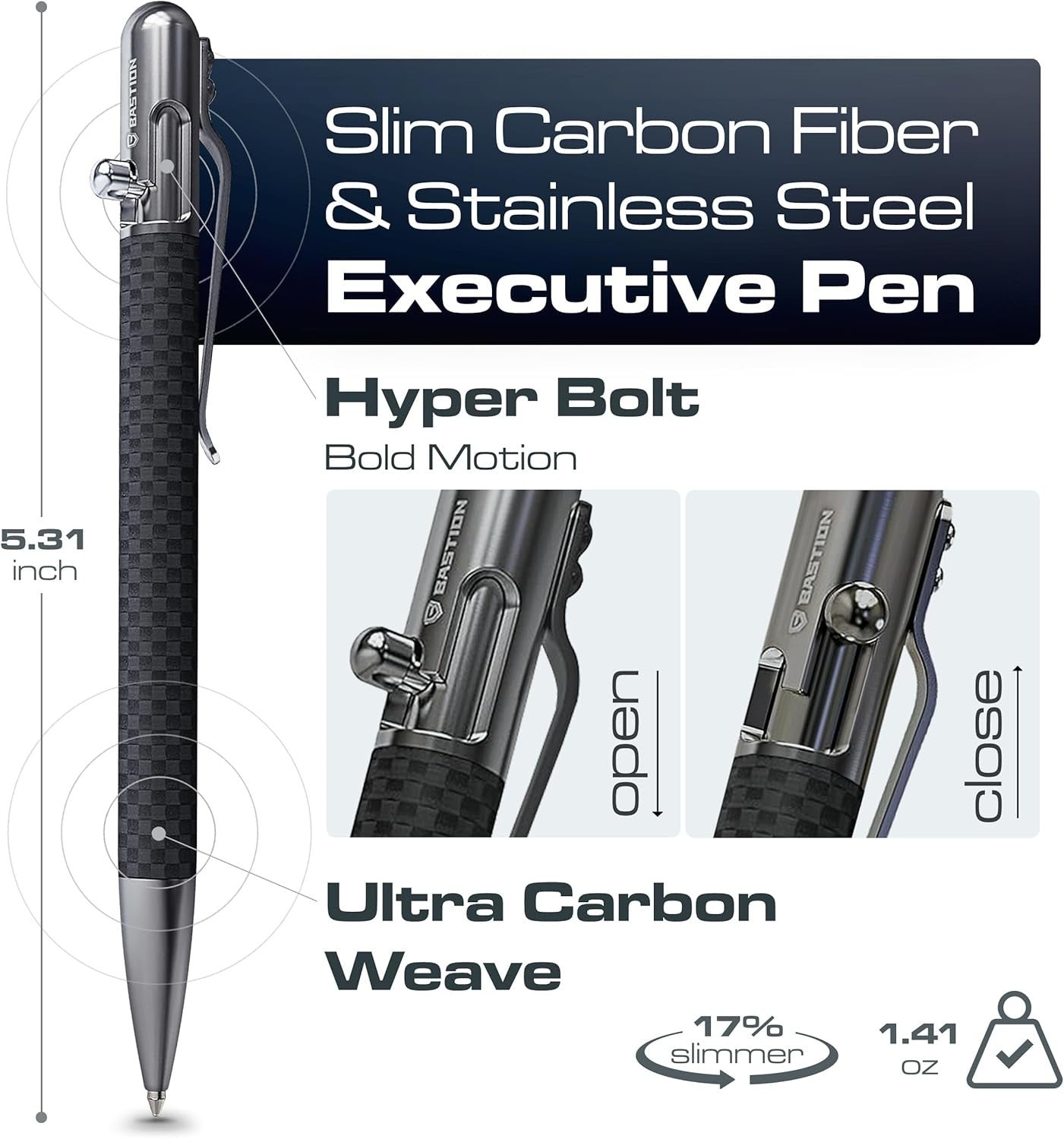 Luxury Carbon Fibre & Stainless Steel Ballpoint Pen – Slim, Bolt Action, Gift