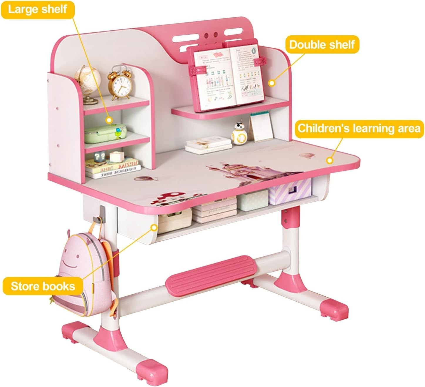 Kids Desk Chair Set Height Adjustable Study Table with Drawer Bookshelf Pink