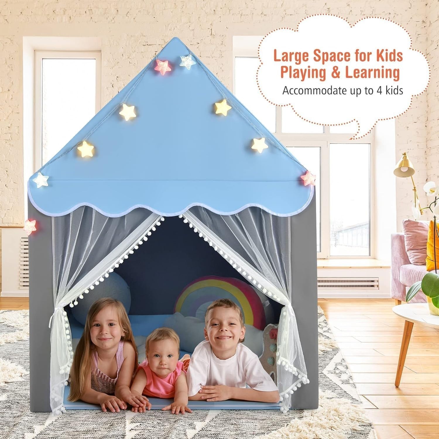 Blue Kids Castle Play Tent Indoor Outdoor w Lights Washable Mat