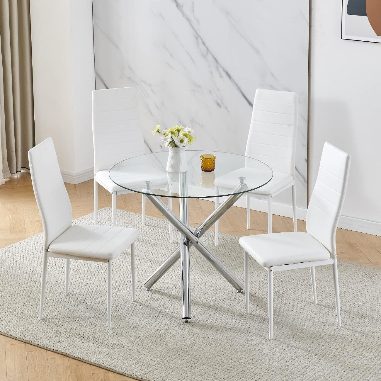 Round Glass Dining Table Set 4 Velvet Chairs Compact Modern Kitchen Space