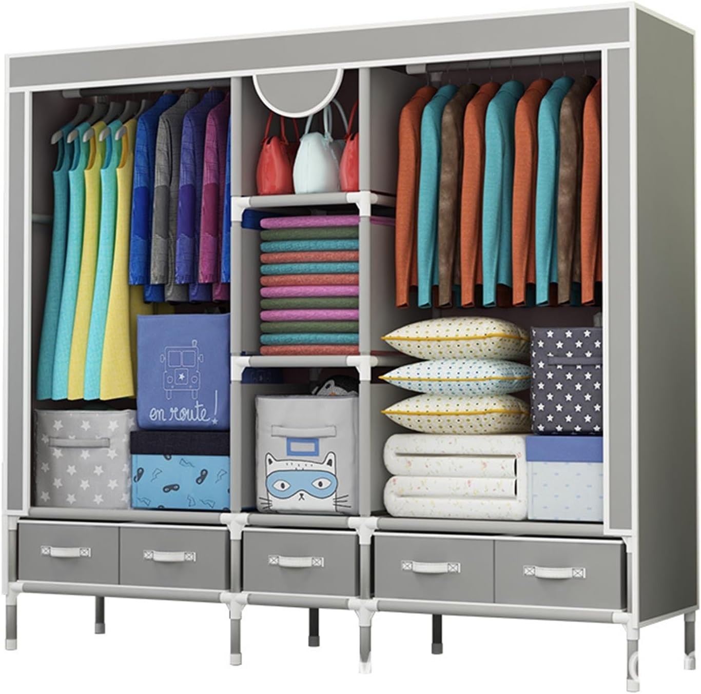 Large Grey Canvas Wardrobe 5 Drawers Hanging Rail Storage Unit 175cm