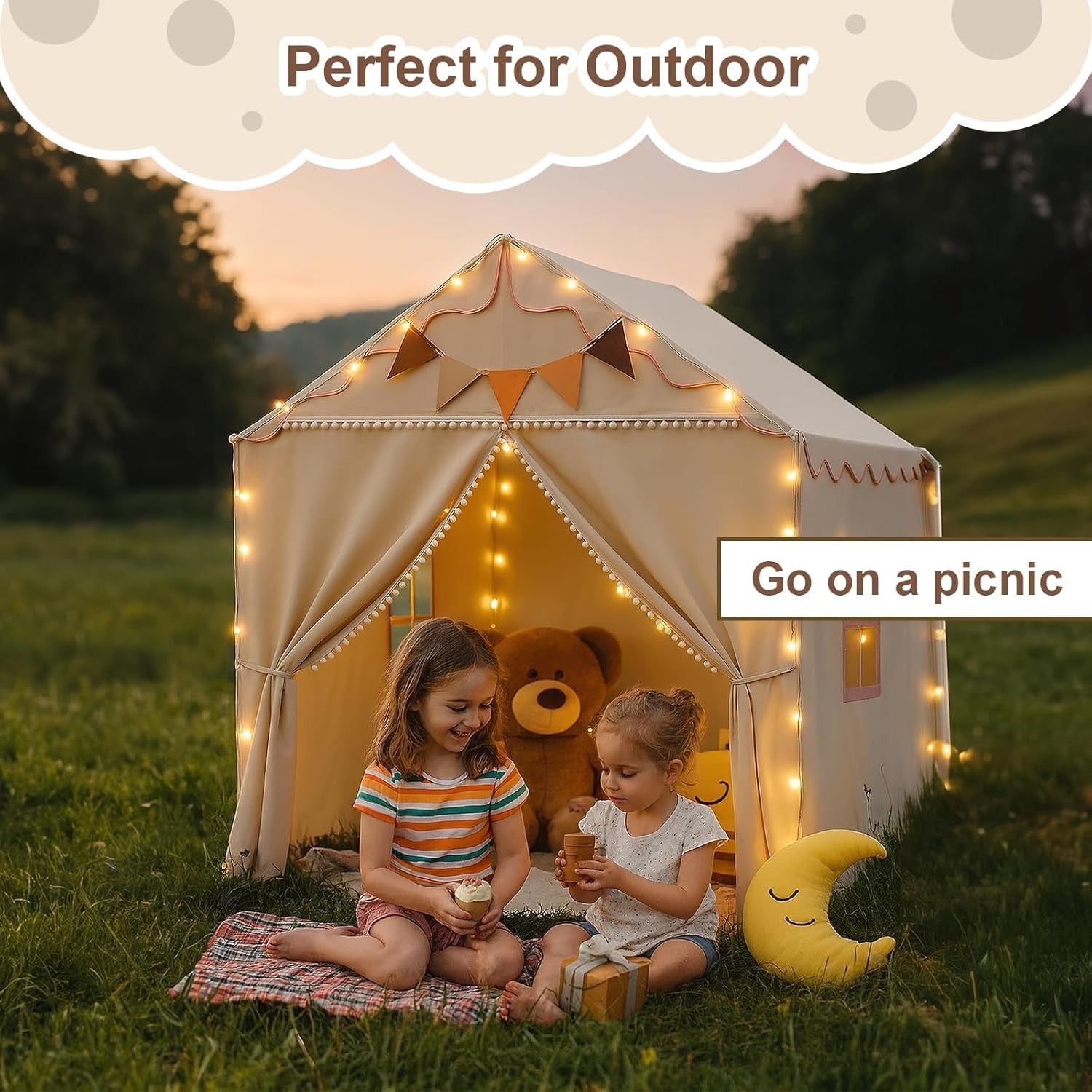 Large Kids Play Tent Indoor Outdoor w Mat Light 2 Doors 4 Windows