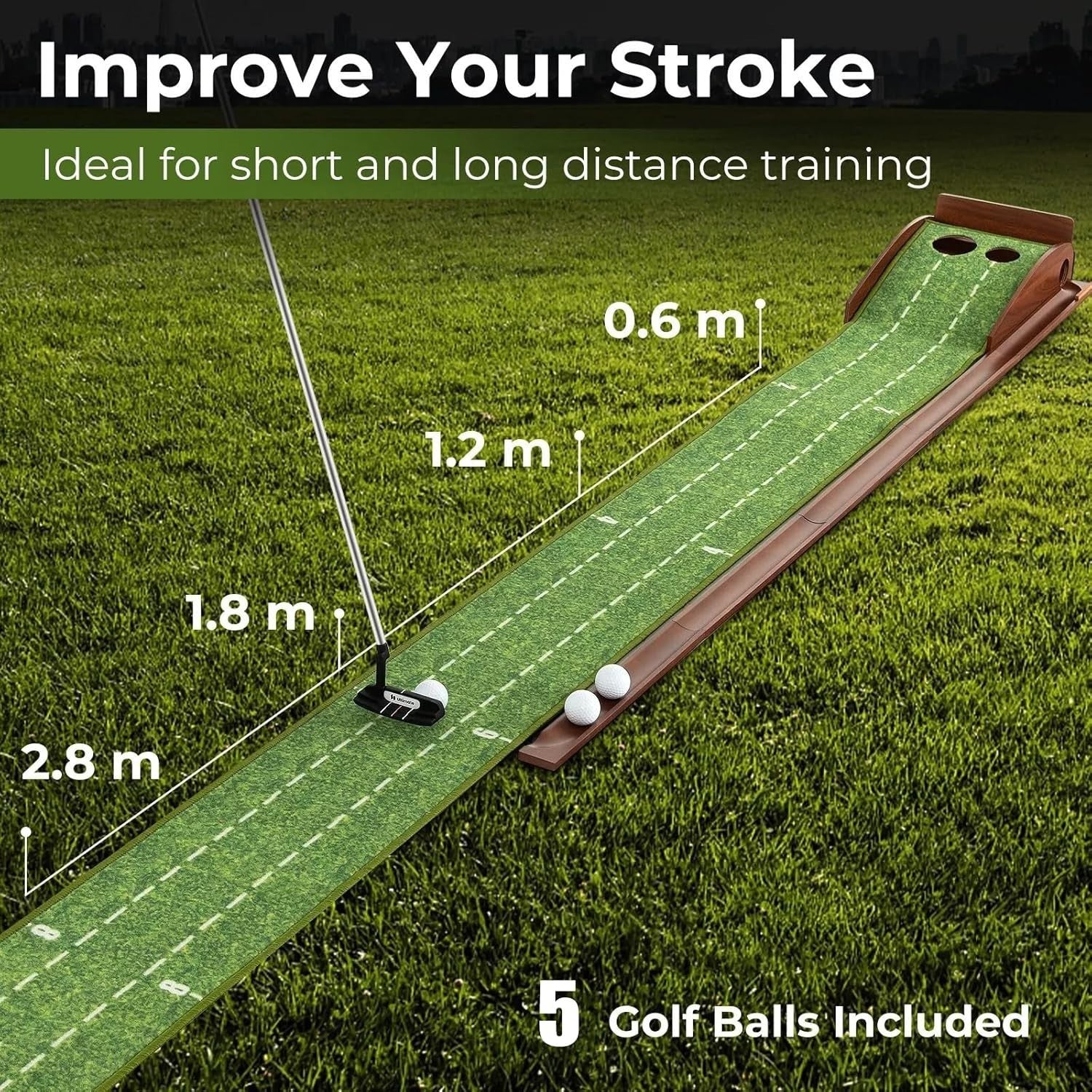 Indoor Golf Putting Mat Set 102in w Putter Balls Auto Return Practice Green
