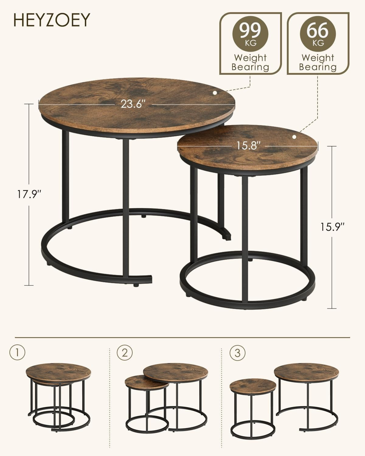 Nest of 2 Round Coffee Table Set Rustic Brown Industrial Easy Assembly