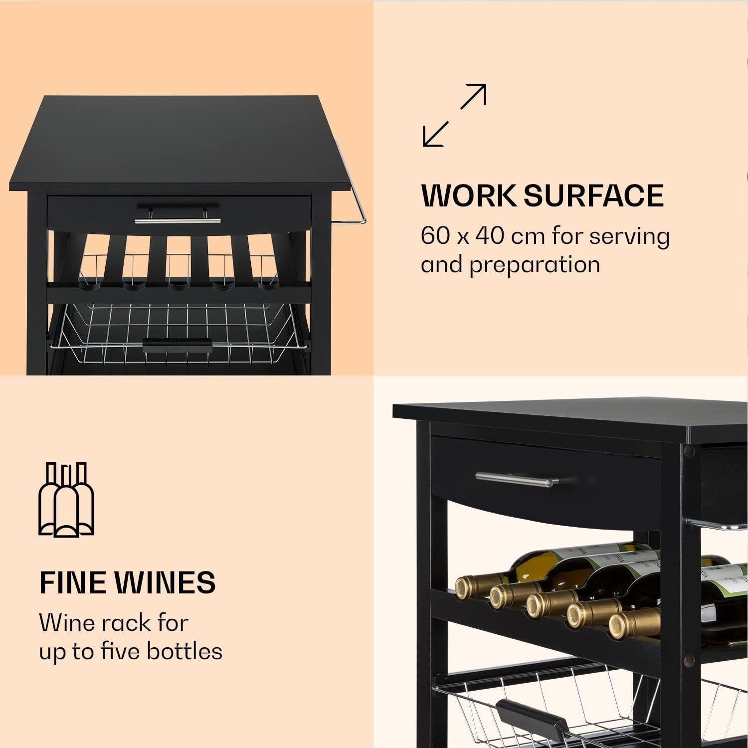 Black Slim Kitchen Trolley 5 Tier Rolling Cart