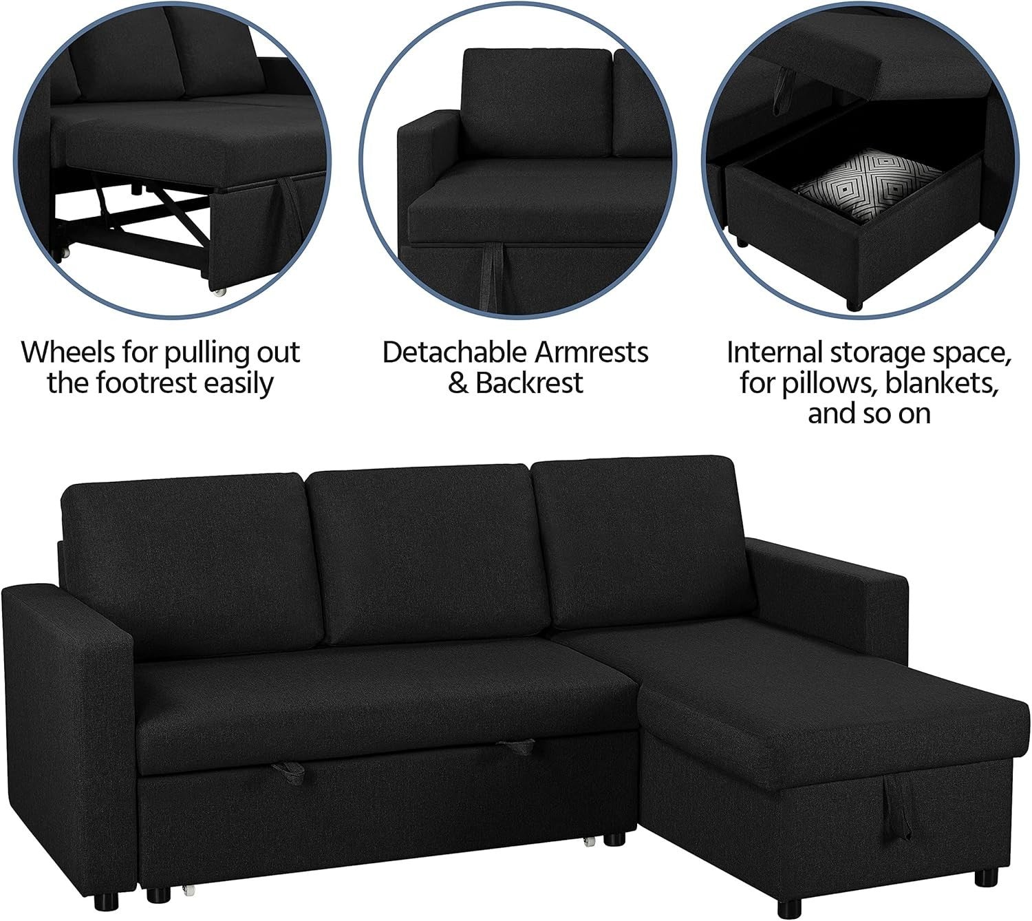 3 Seater L-Shaped Sofa Bed Black Corner Couch Pull Out with Storage