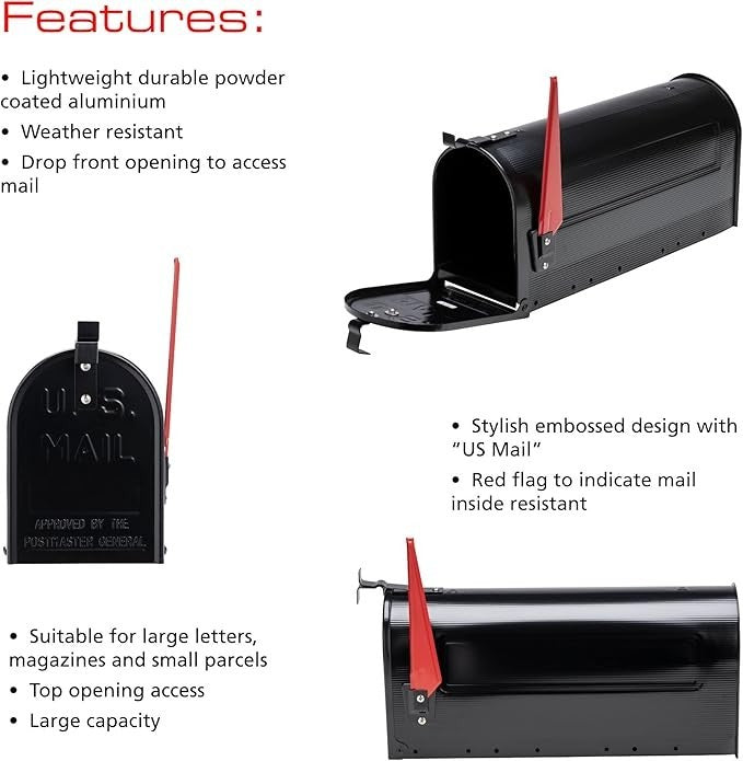Lockable Black Aluminium Mailbox – Weatherproof, Large Capacity, Post Mounted