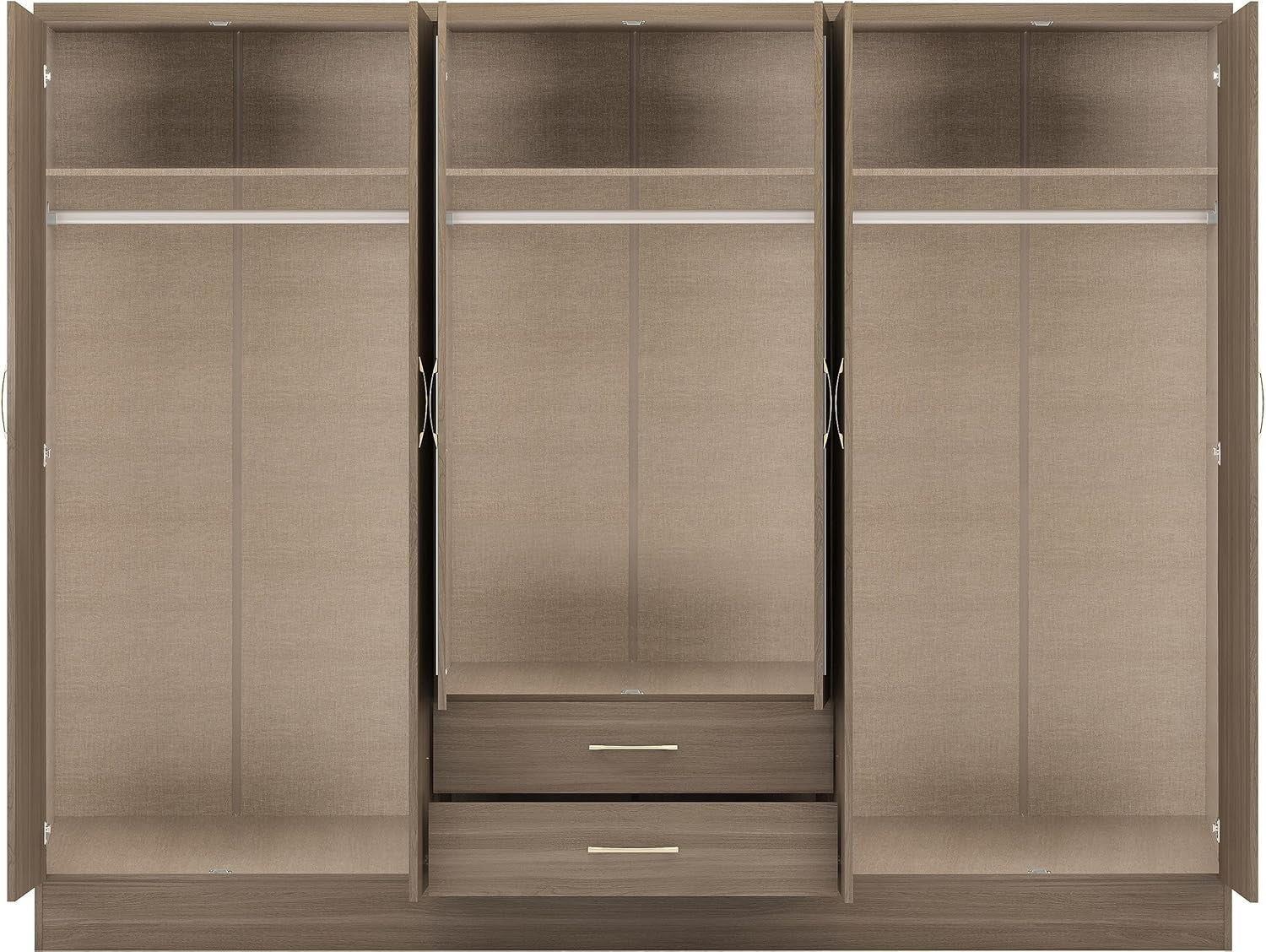 6 Door Rustic Oak Wardrobe with 2 Drawers & Mirrors – Spacious Storage Unit