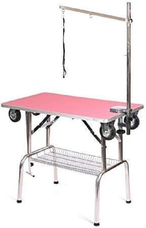 Mobile Dog Grooming Table Stainless Steel with Wheels Adjustable Arm Pink