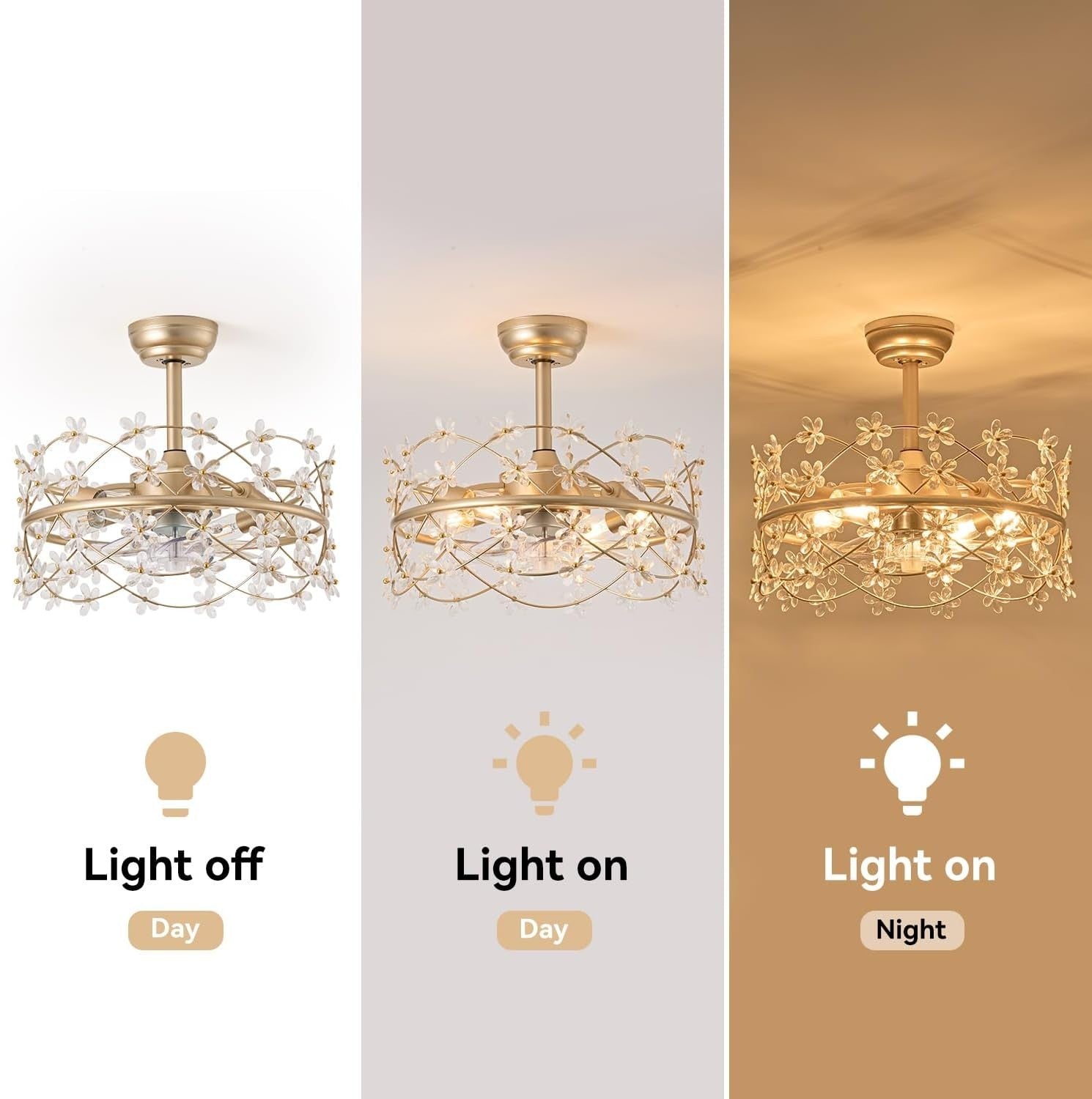 Youngrender 20" Gold Ceiling Fan with Light, Flower Chandelier, Remote