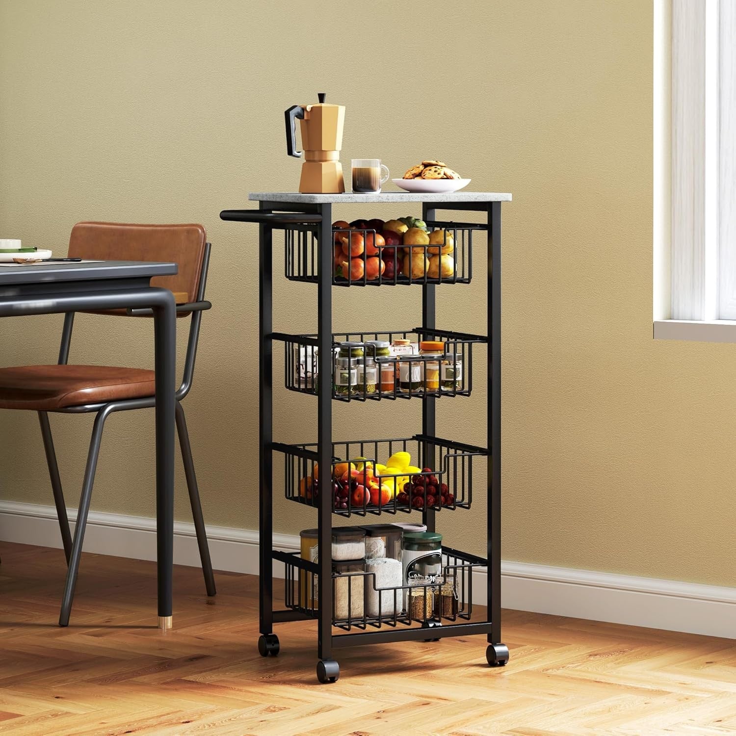 4 Tier Kitchen Storage Trolley with Pull Out Baskets Rolling Utility Cart