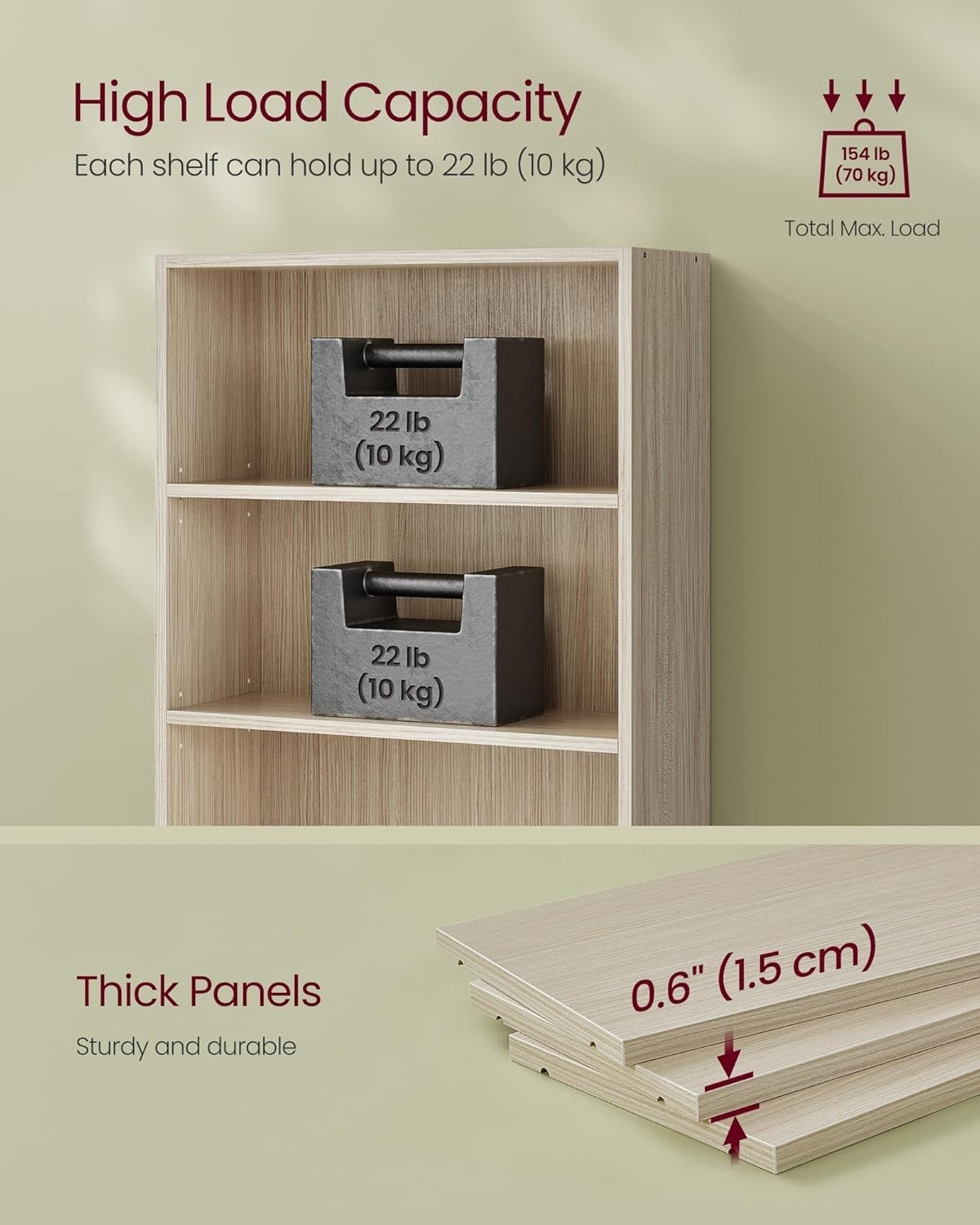 6 Tier Beige Wooden Bookcase Tall Storage Display Book Shelf for Living Room