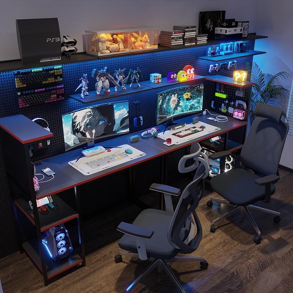 Gaming 120x50cm Desk w/RGB LED, Power Hub, Pegboard & Reversible Shelf Black