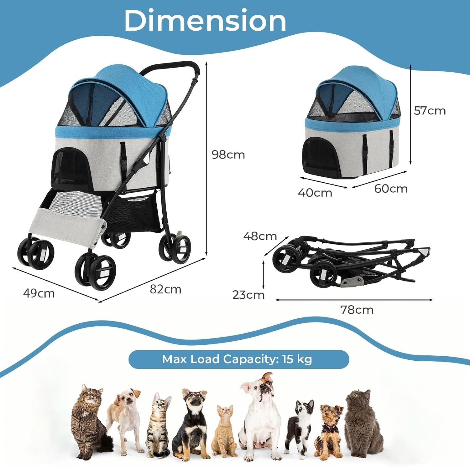 3in1 Pet Stroller Dog Pushchair Detachable Carrier Foldable Blue Grey