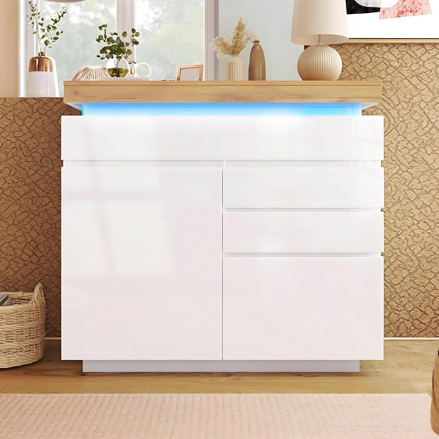 LED Sideboard Cabinet RGB Lights White High Gloss Storage Unit 110cm
