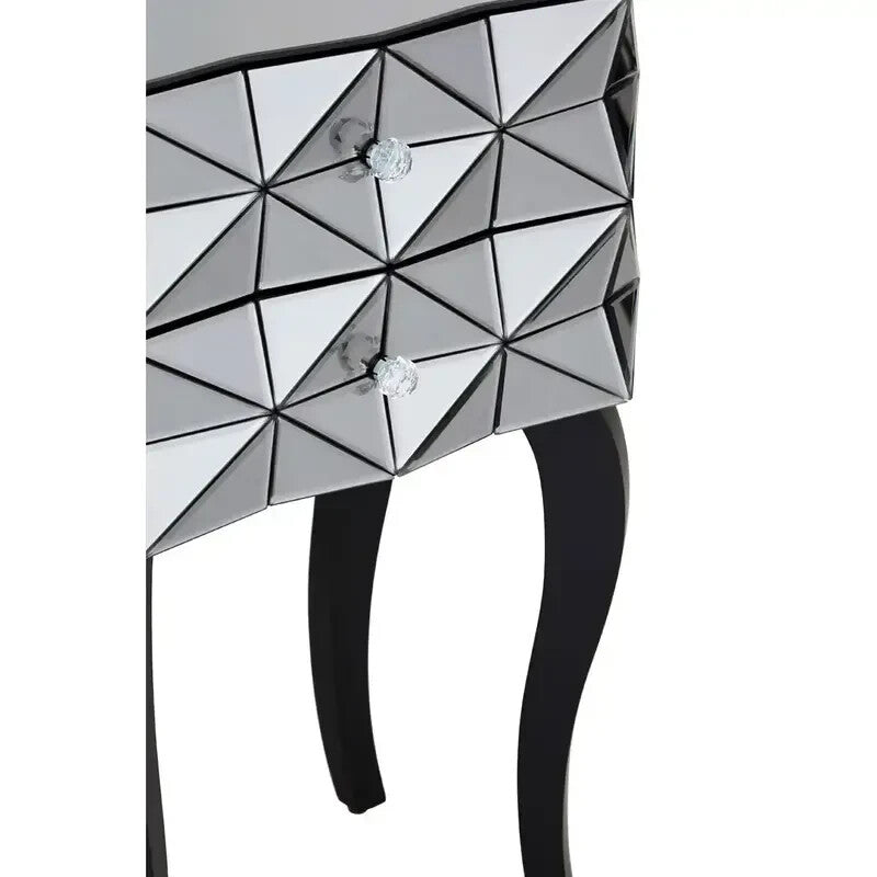 Modern 3D Glass Bedside Table with 2 Drawers – Silver Mirrored Unit
