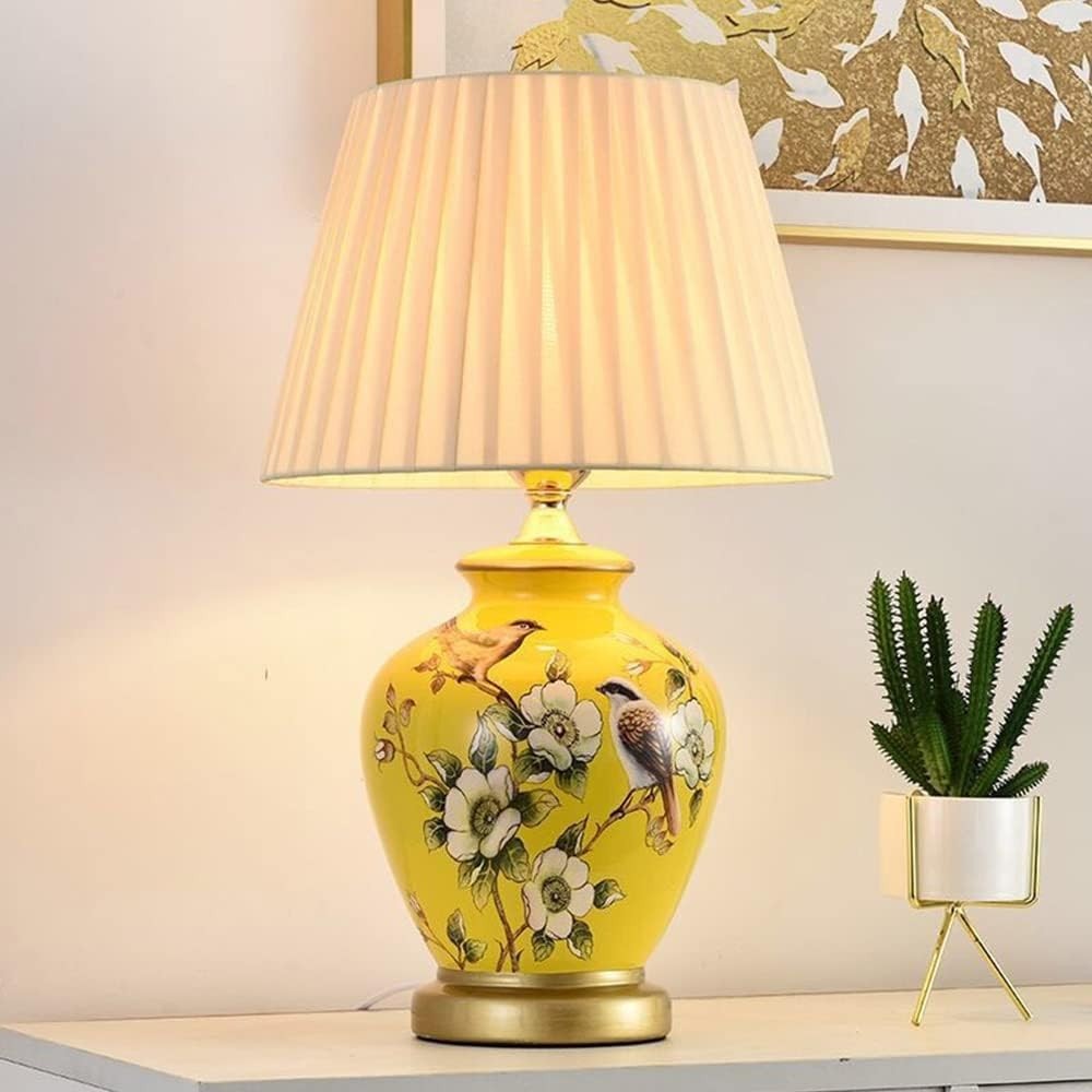 Yellow Ceramic Table Lamp E27 Bedside Light 50cm Elegant Floral Design