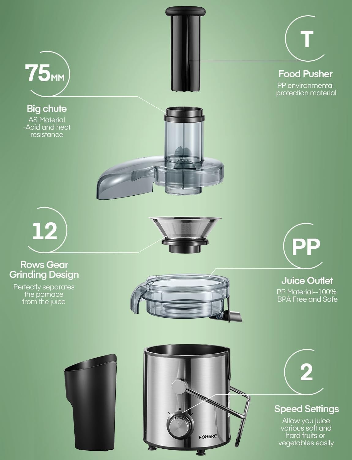 1000W Centrifugal Juicer 75mm Wide Chute Dual Speed Easy Clean Whole Fruit