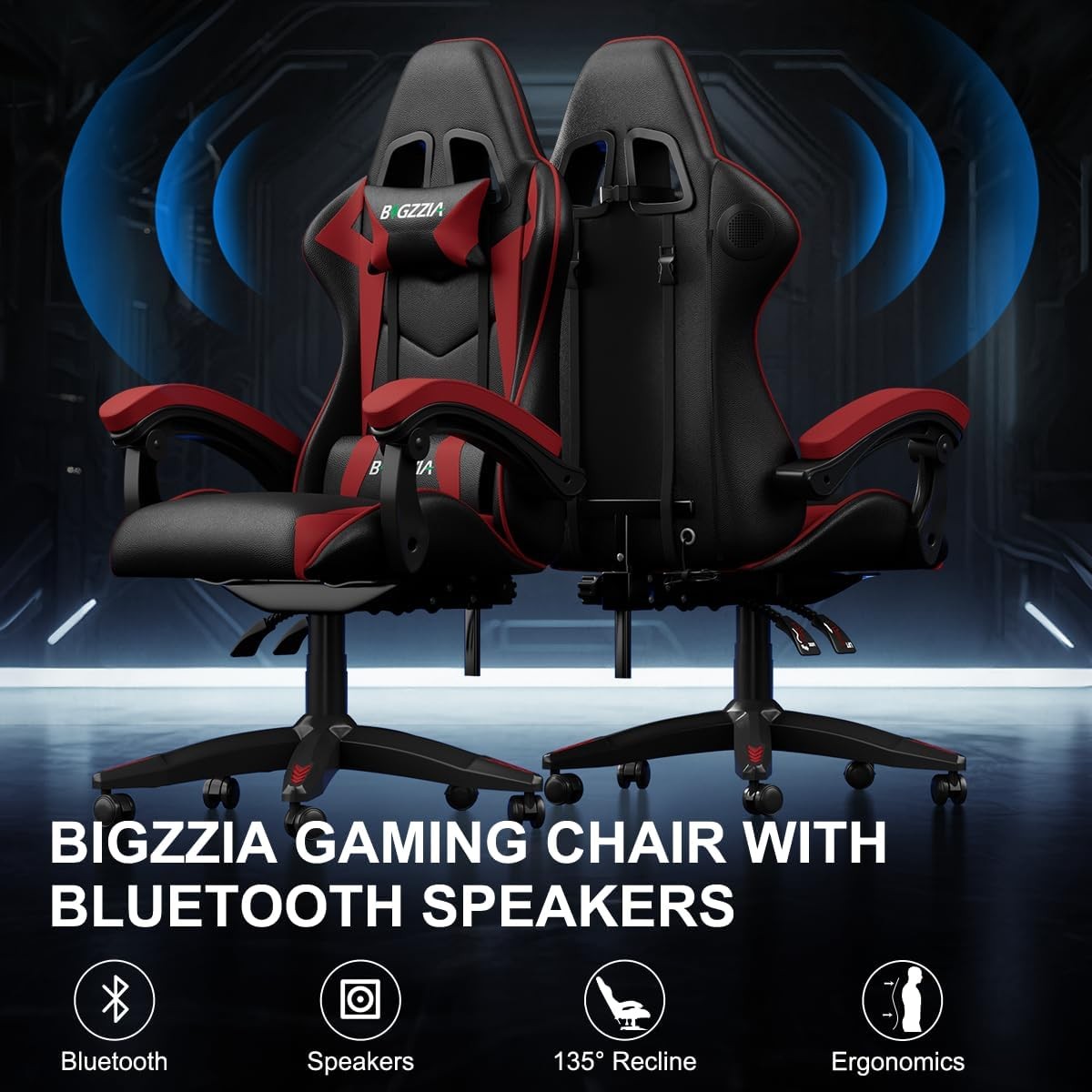 Gaming Chair with Bluetooth Speaker Ergonomic Office Chair Red