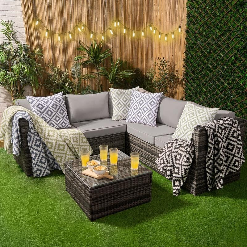5 Seater Rattan Garden Corner Sofa Set with Table Grey Outdoor Furniture