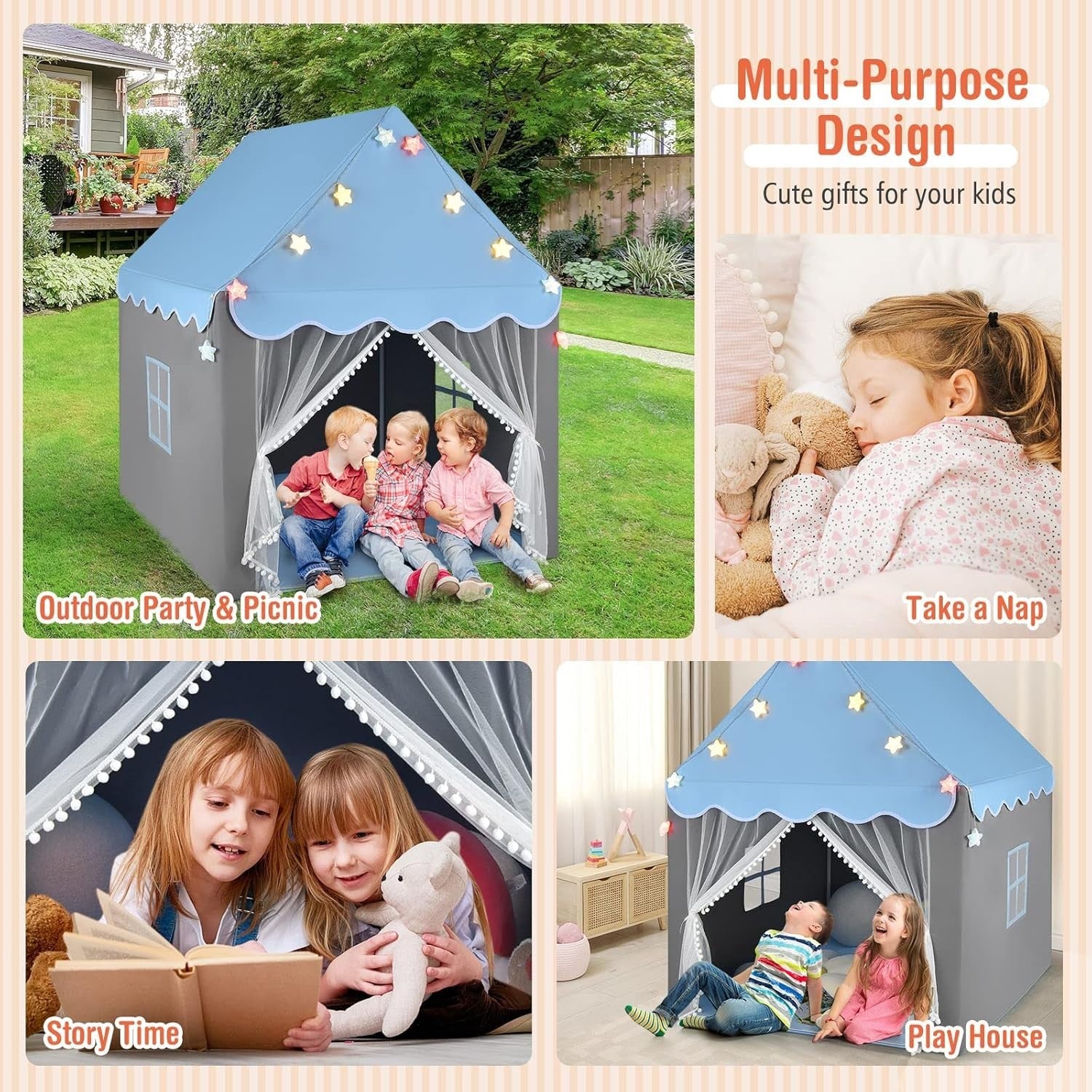 Blue Kids Fairy Castle Play Tent With Lights Washable Mat Indoor