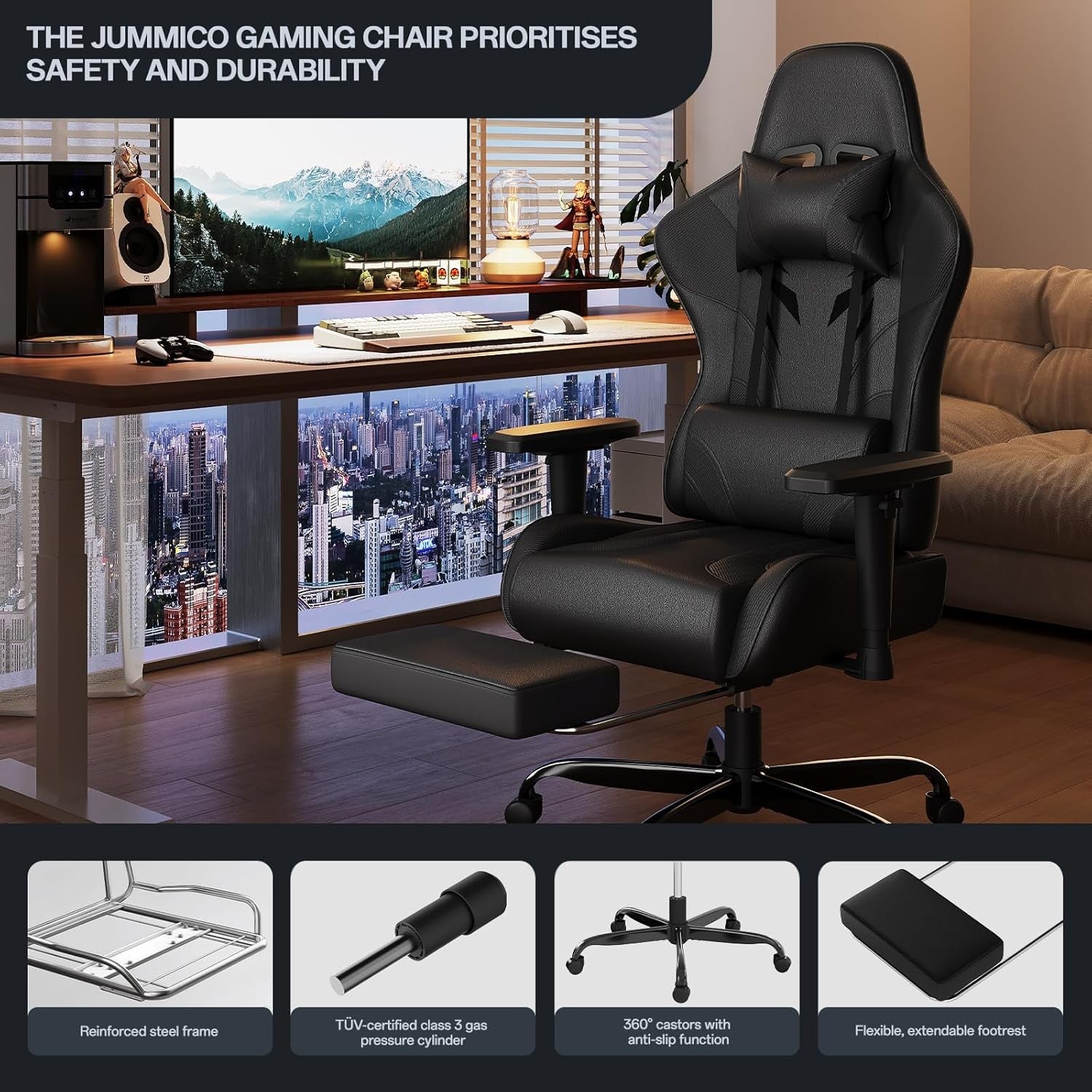 Ergonomic Gaming Chair w/ Footrest 2D Armrests PU Leather Black