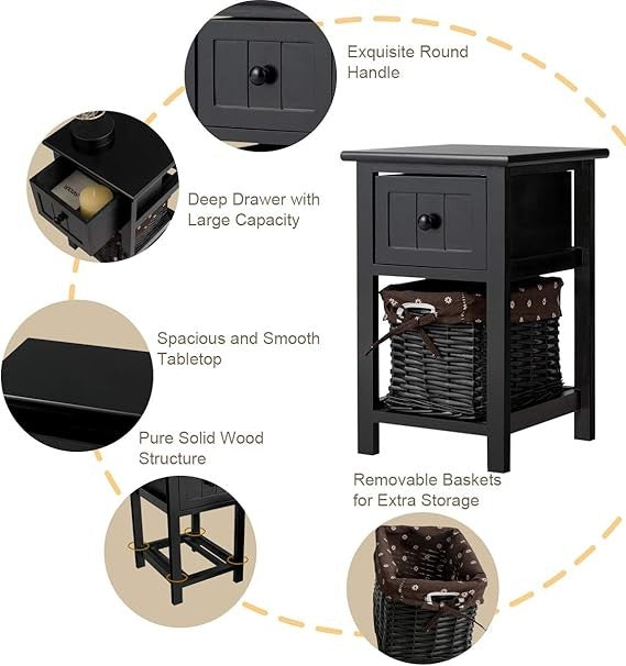 Slim Black Bedside Tables Set of 2 with Drawer & Wicker Basket Storage Modern