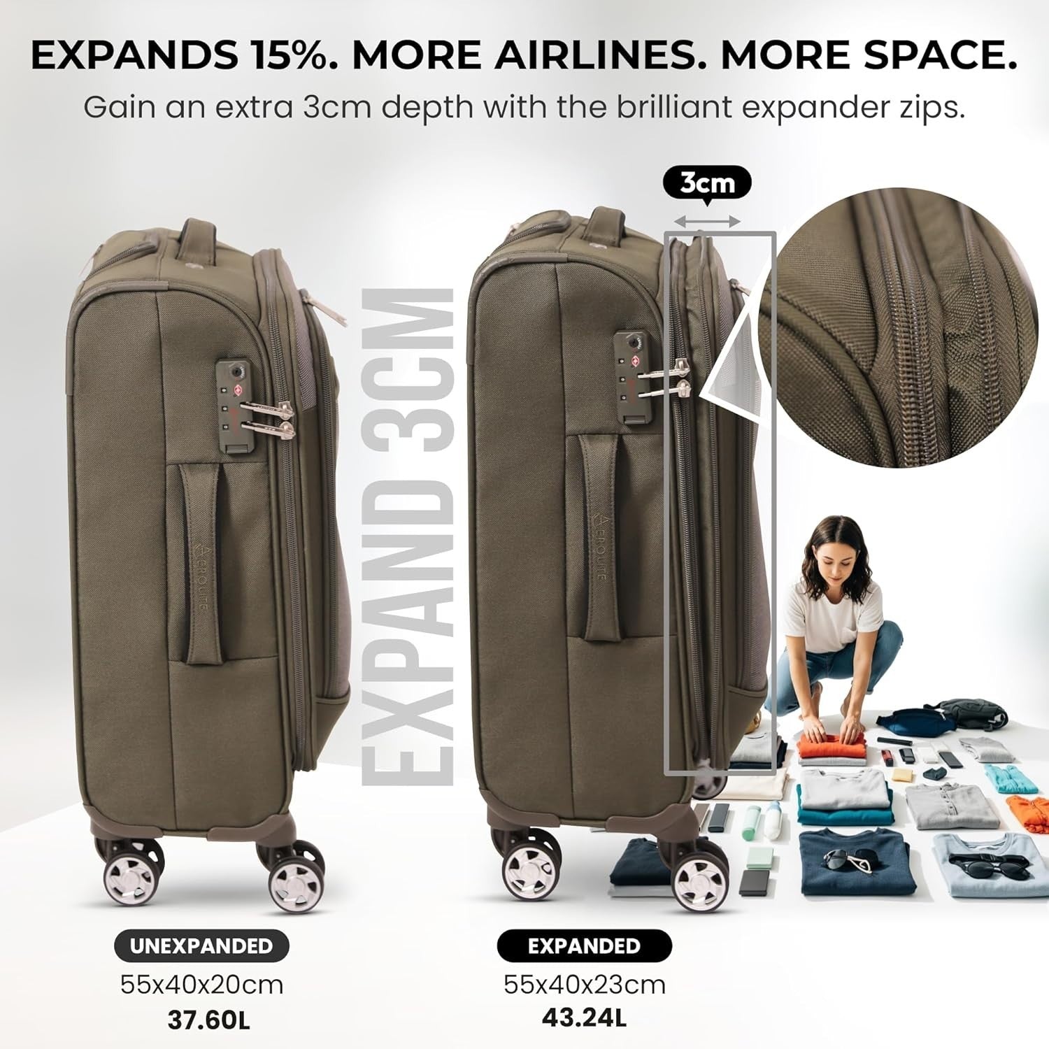 Expandable Cabin Suitcase 55x40x20 Lightweight Carry On 4 Wheel Ryanair