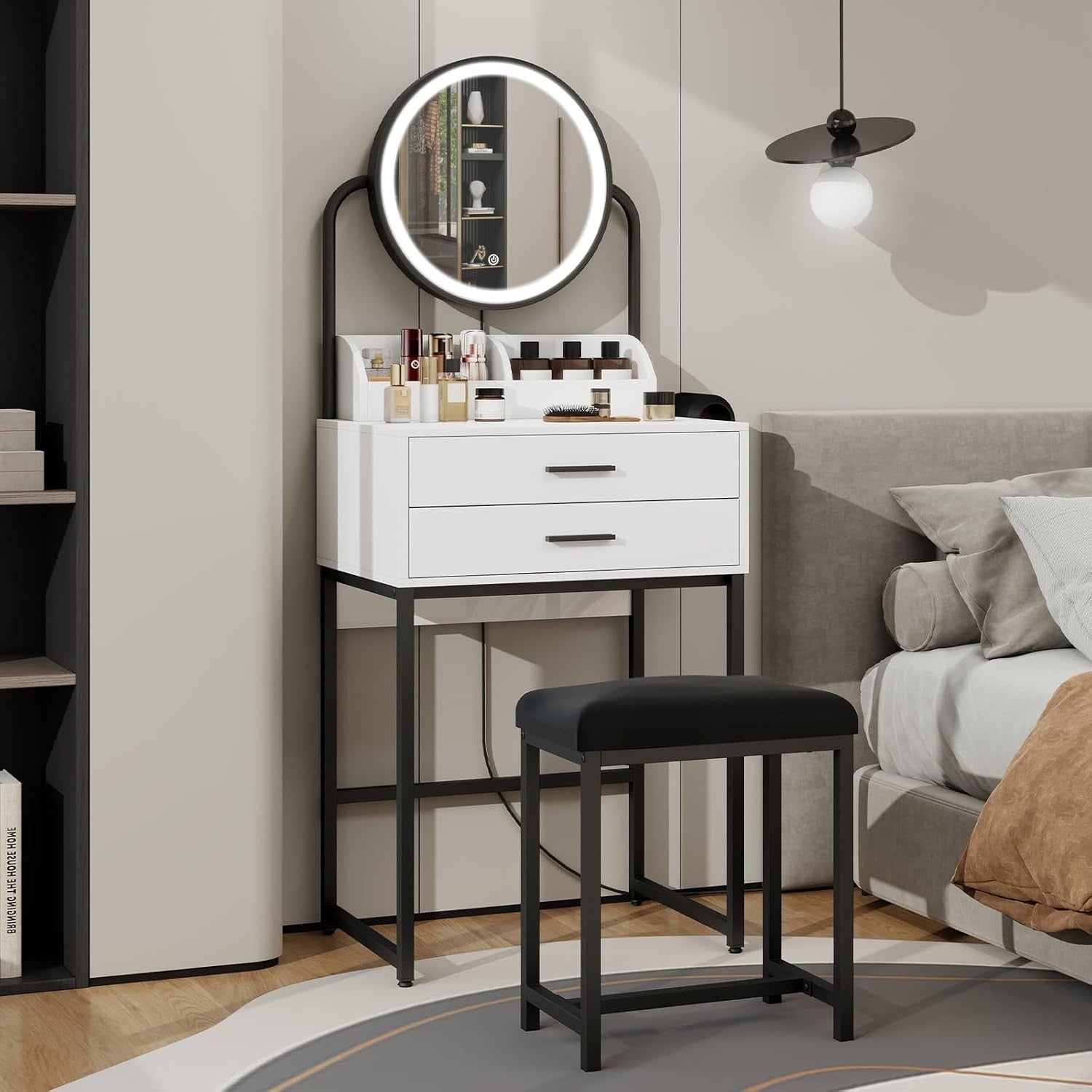Vanity Makeup Dressing Table with LED Mirror Lights 2 Drawers & Stool White/Gold
