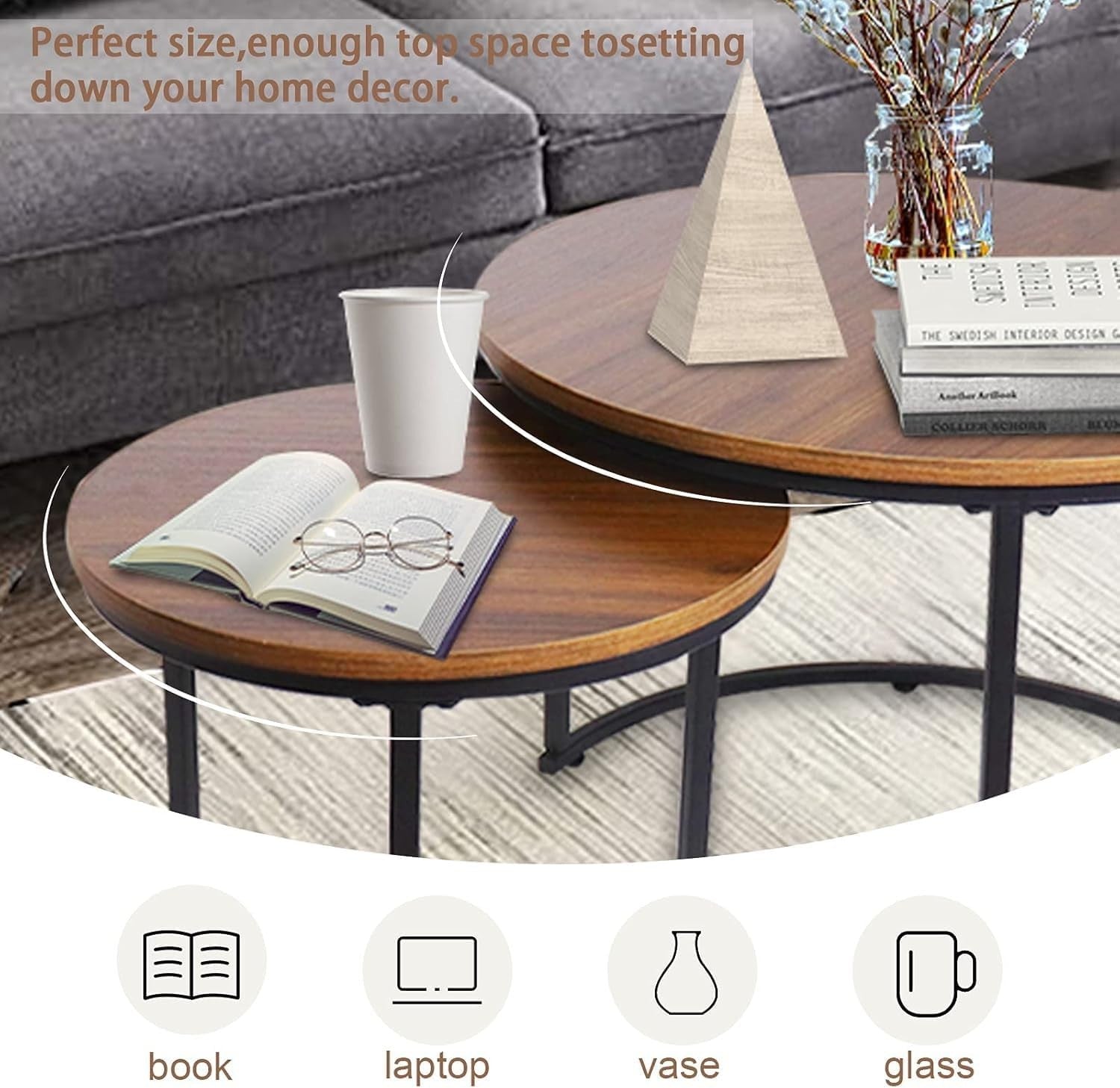 Nesting Coffee Table Set 2 Round End Tables Modern Side Desk Gray/Black