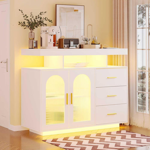 White LED Sideboard Buffet with Wireless Charging, RGB Lighting & USB Ports