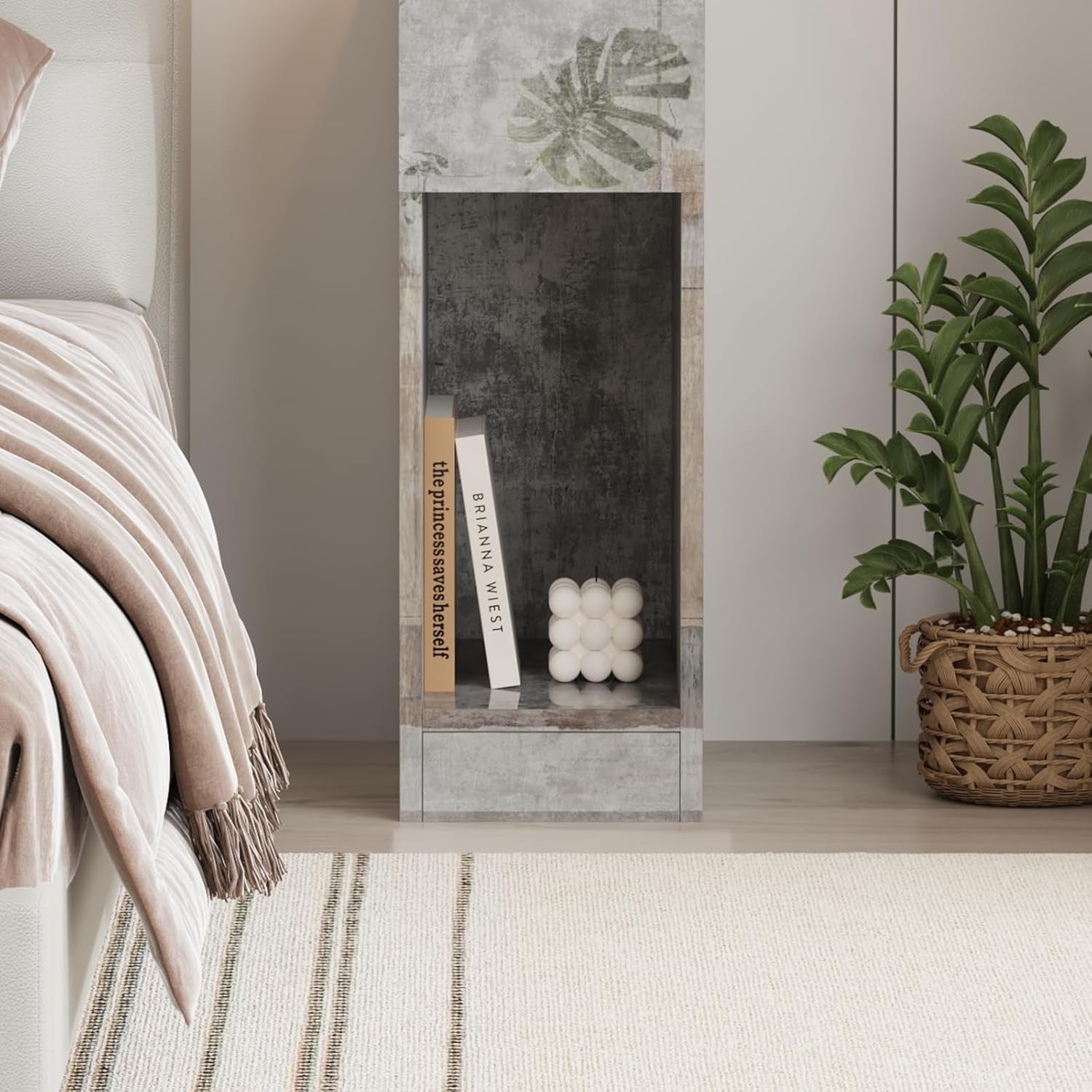 Grey Marble Slim Bedside Table with Drawer & Shelf, Modern Narrow Nightstand