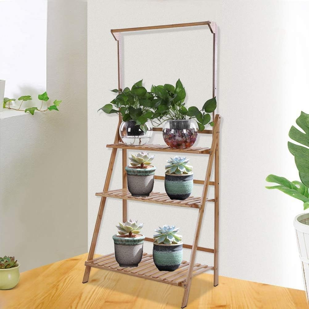 3 Tier Foldable Bamboo Plant Stand with Hanging Bar Indoor Outdoor Flower Shelf