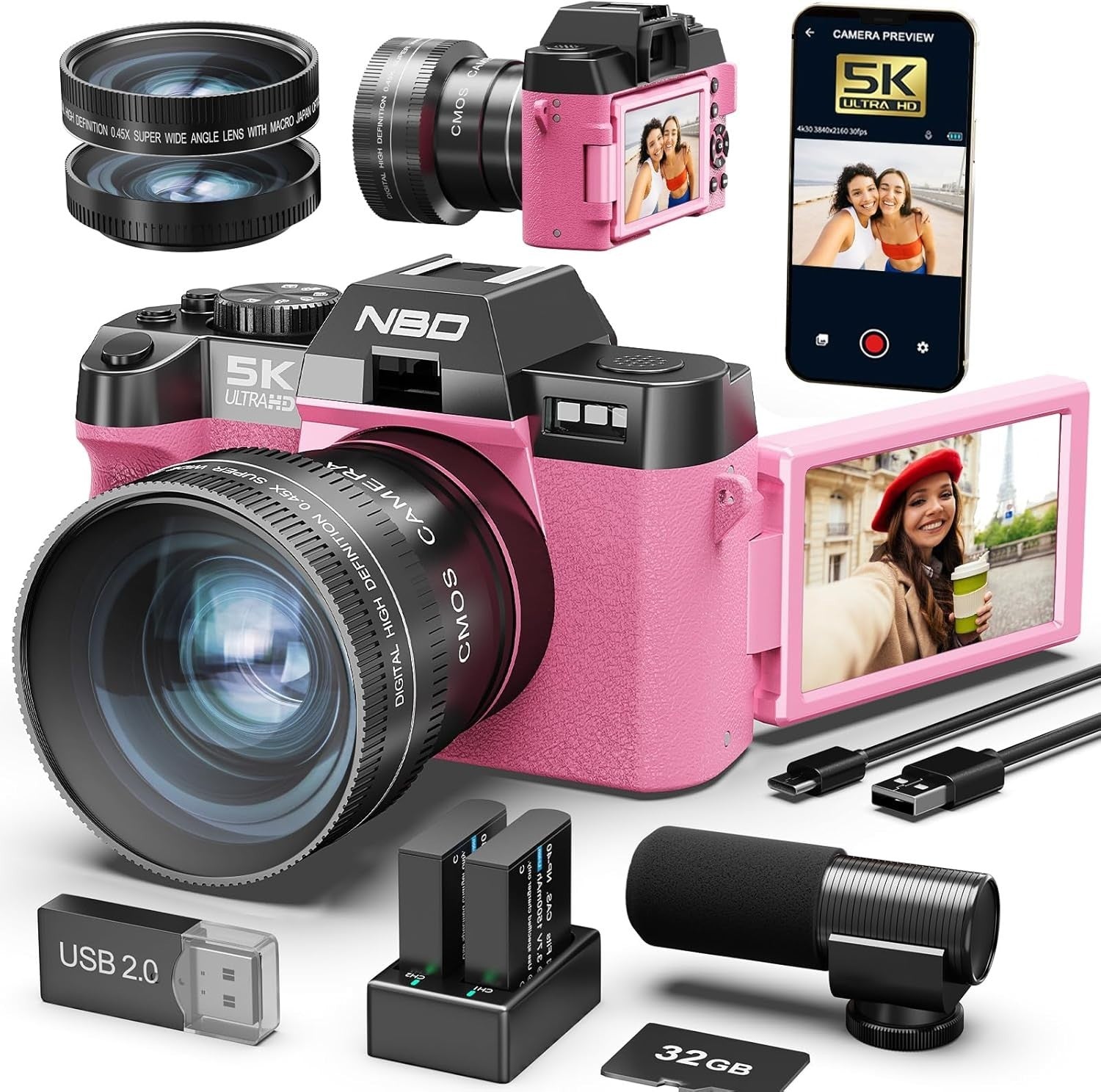 5K 64MP WiFi Vlogging Camera Flip Screen Autofocus 64GB Macro Lens