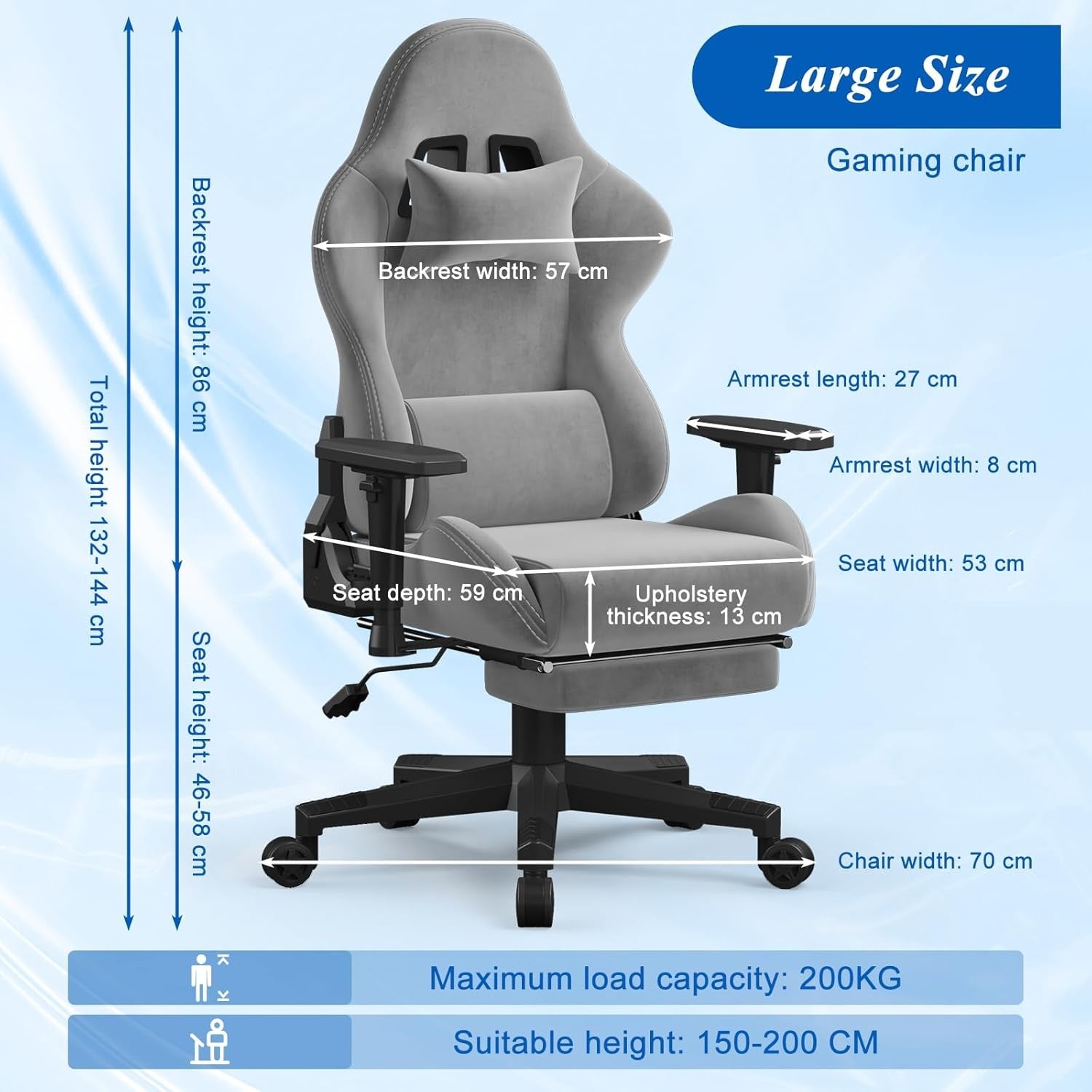 Fabric Gaming Chair Reclining Footrest Massage Lumbar Grey